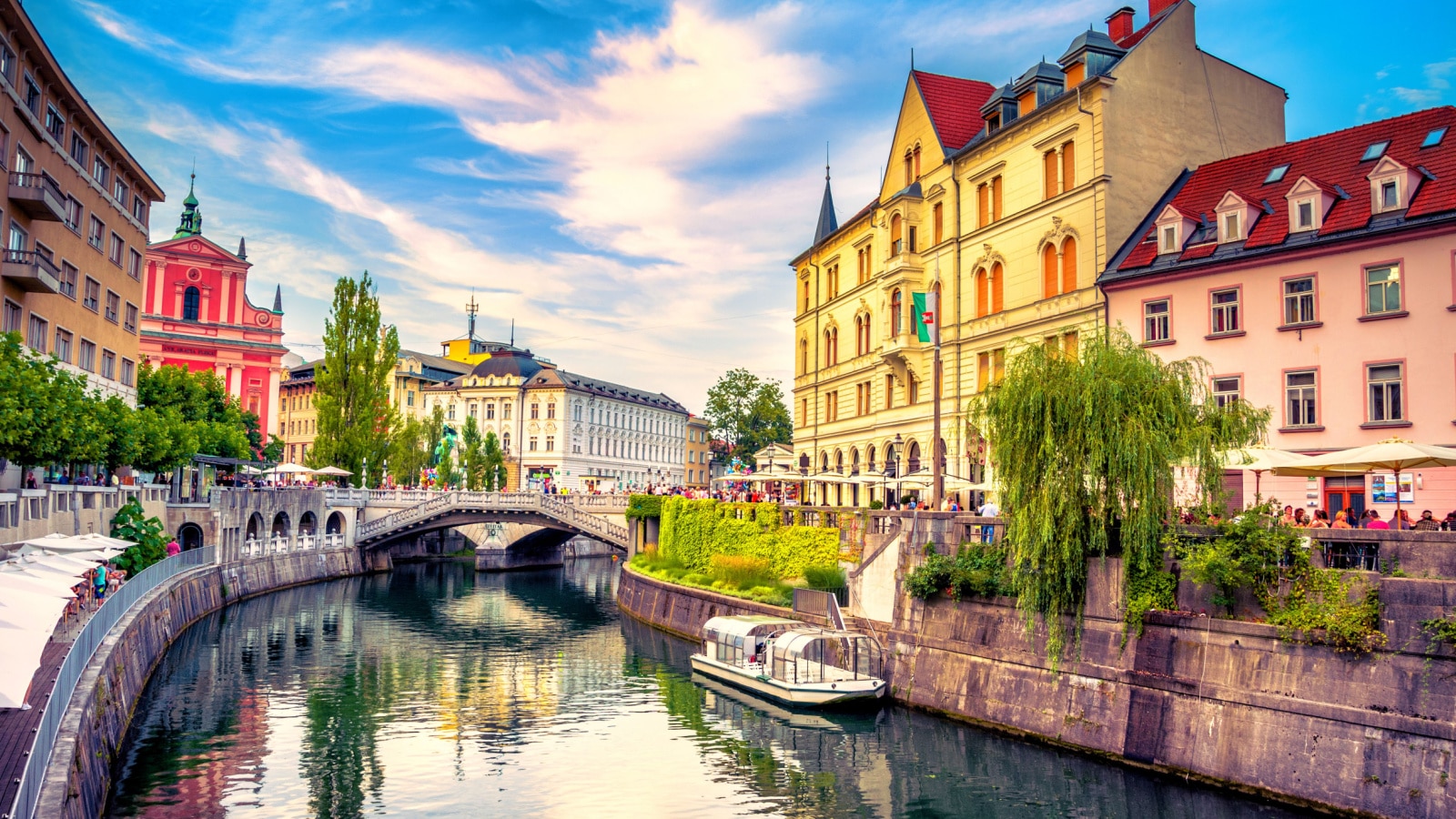 Cityscape view on Ljubljanica river canal in Ljubljana old town. Ljubljana is the capital of Slovenia and famous european tourist destination.