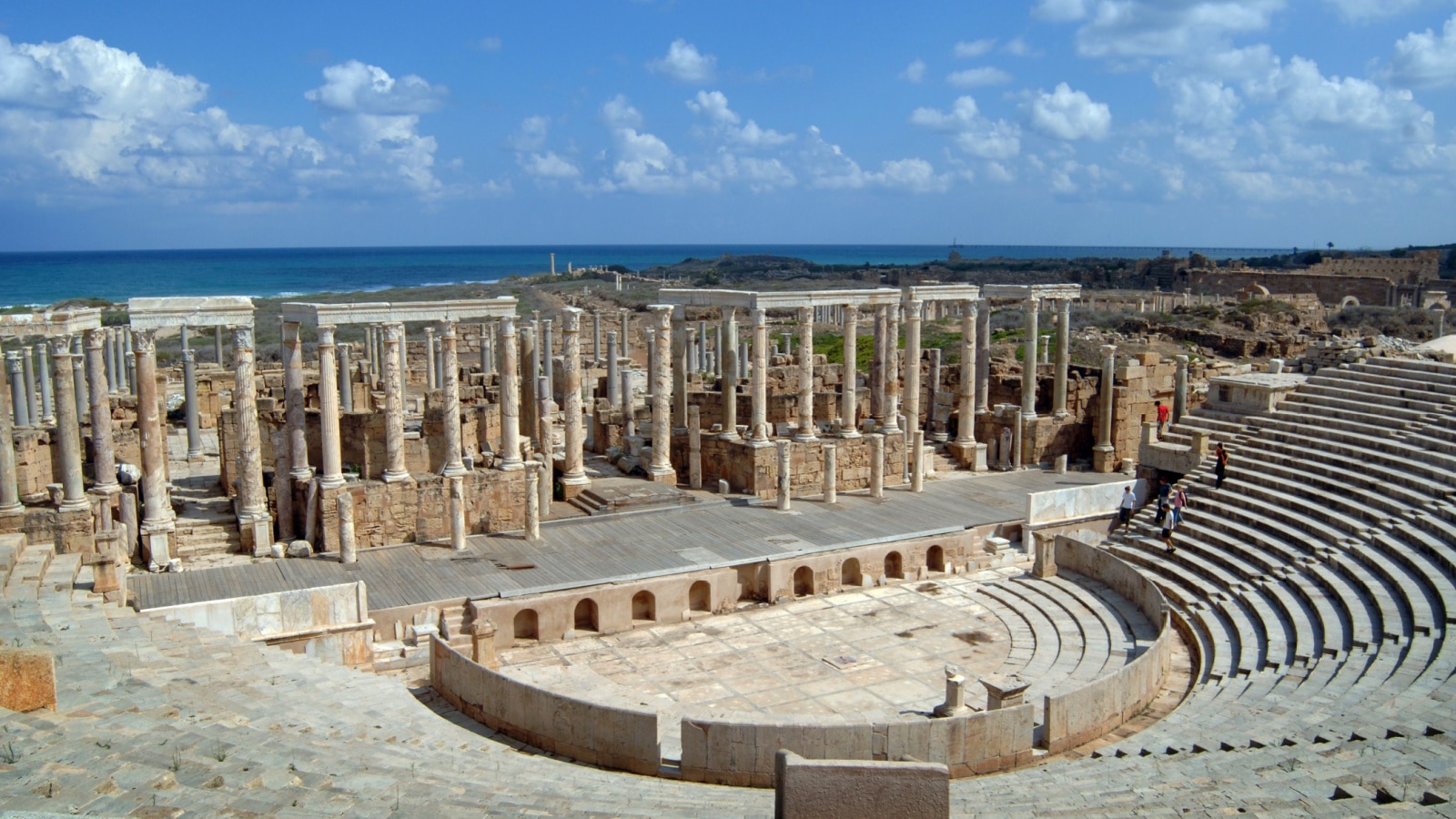 Leptis Magna the old roman city on the Libyan coast of the Mediterranean sea.