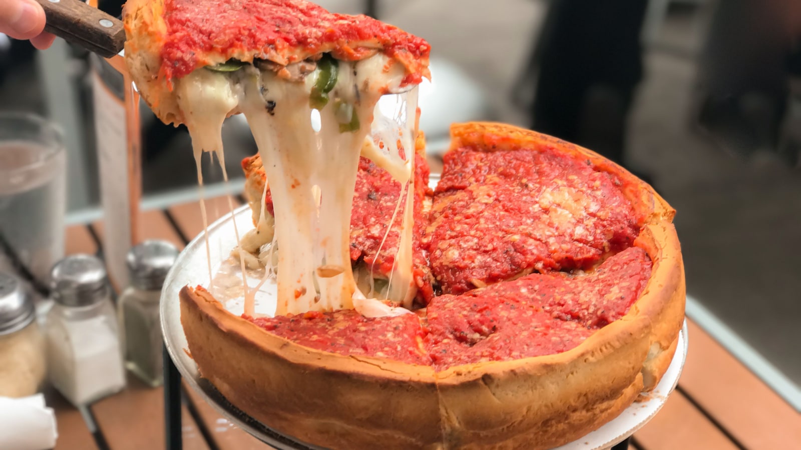 Cheese pizza, Chicago style deep dish italian cheese pizza with tomato sauce.
