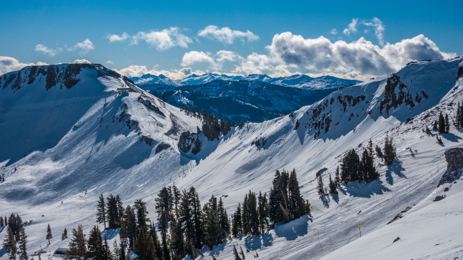 An early morning aerial view of the ski slopes at the Squaw Valley Ski Resort, in the Sierra Nevada Mountains near Lake Tahoe, home of the Winter Olympics in 1960.