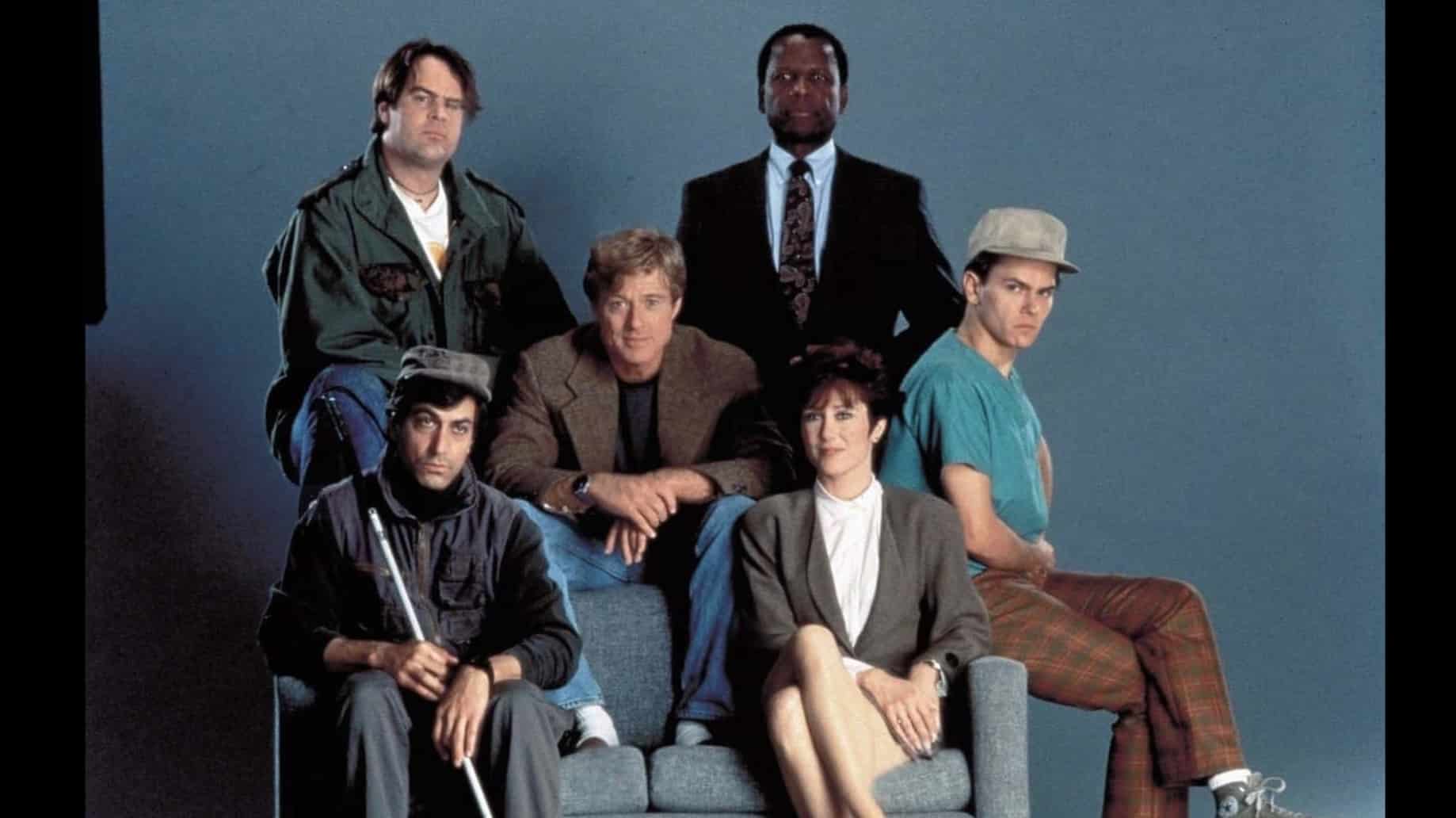 Dan Aykroyd, River Phoenix, Robert Redford, David Strathairn, Mary McDonnell, and Sidney Poitier in Sneakers (1992)