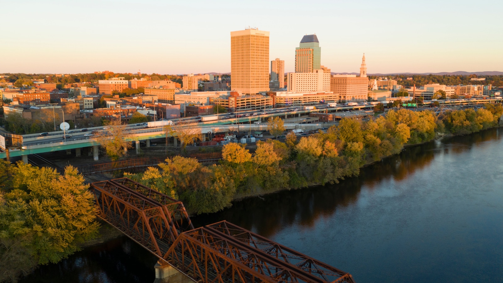 Commuters leave the city at the work days end via waterfront highway in Springfield Massachusetts