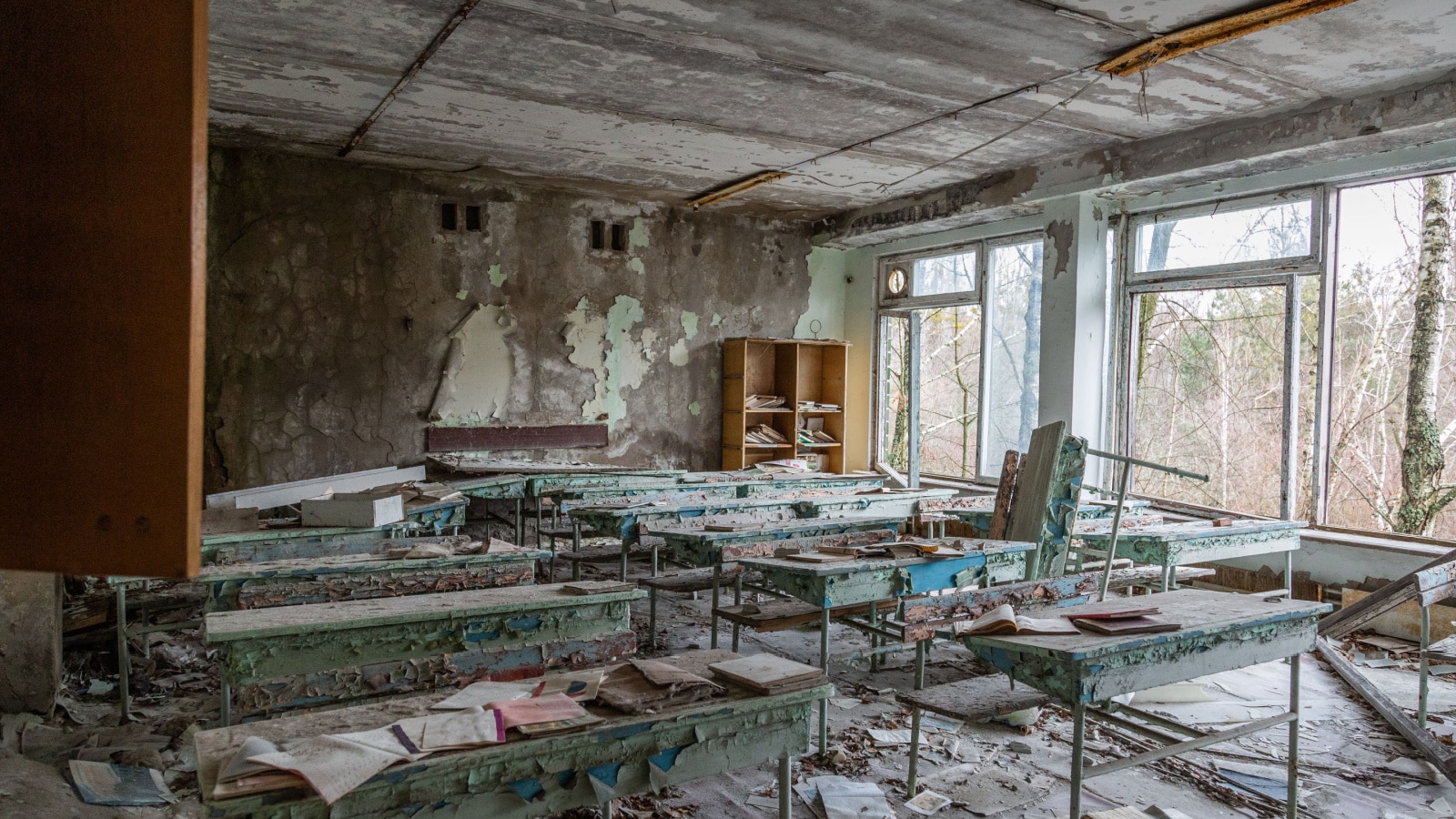 School premises in the city of Pripyat in Ukraine. Emptiness. Dampness. Exclusion Zone. Chernobyl zone