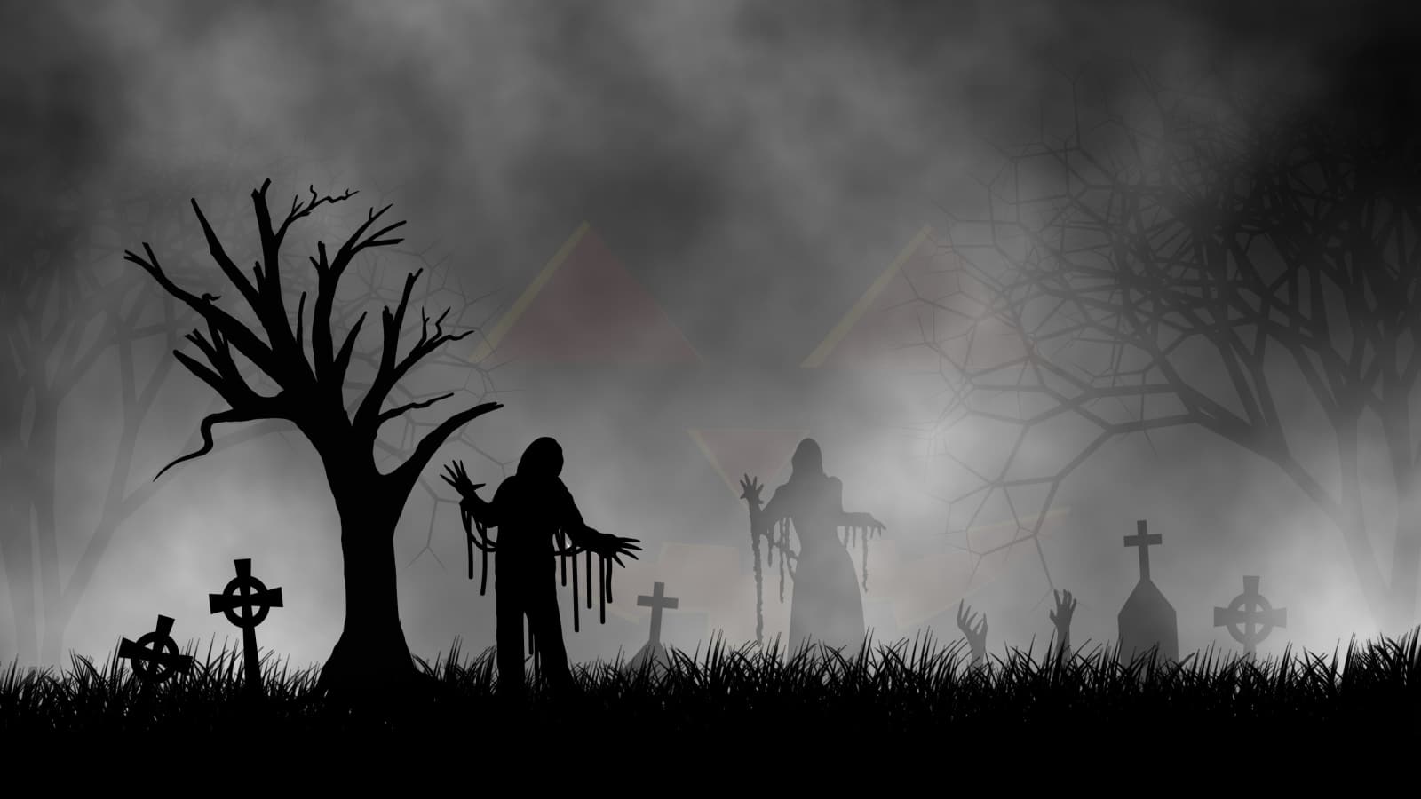 Haunted Halloween in scary and horro cemetery at night with more zombies and evils in darkness.