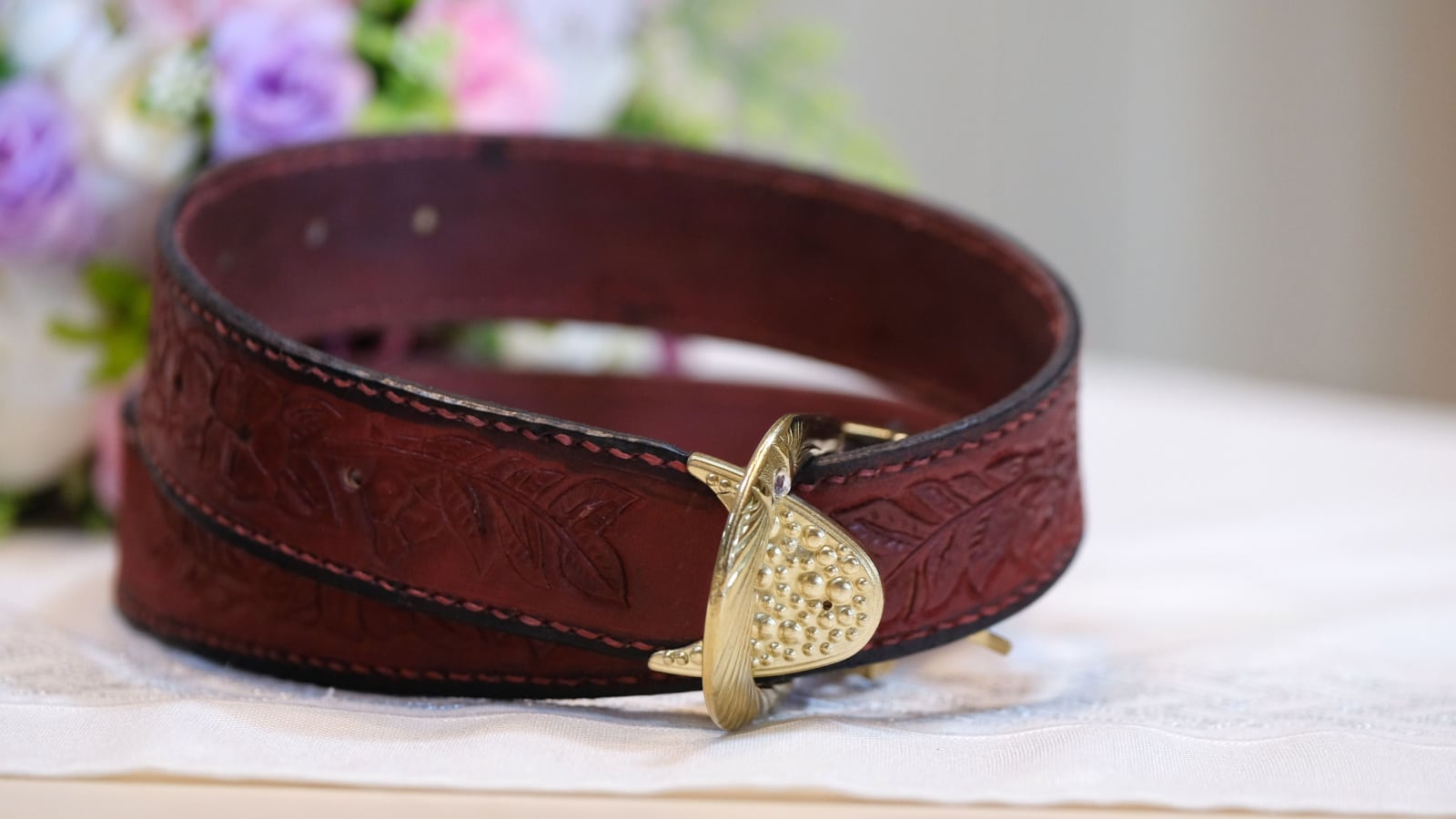 Handmade hand carved full grain red women's belt