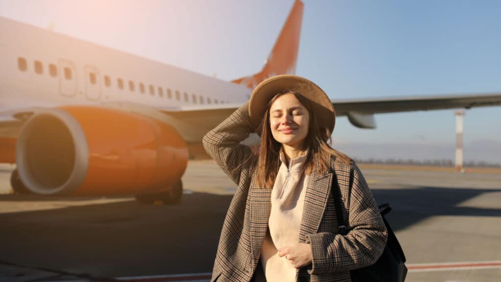 tourism, vacation and people concept - happy smiling young woman wearing hat with travel bag pack standing by the airplane and ready to departure.