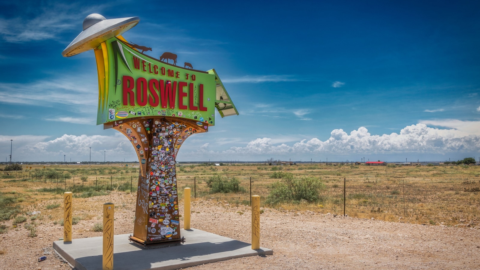 Roswell, New Mexico, USA - July 30, 2022: The colorful sign, north of the city on highway 285, welcoming travelers to the city.