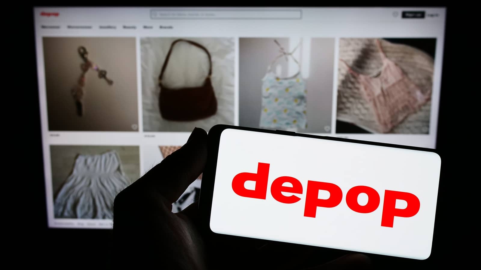 Stuttgart, Germany - 07-09-2023: Person holding smartphone with logo of social e-commerce company Depop Limited on screen in front of website. Focus on phone display. Unmodified photo.