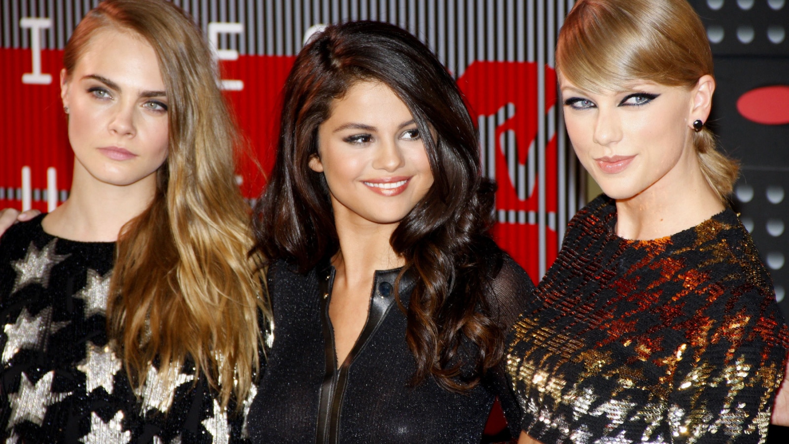 LOS ANGELES, CA - AUGUST 30, 2015: Cara Delevingne, Taylor Swift and Selena Gomez at the 2015 MTV Video Music Awards held at the Microsoft Theater in Los Angeles, USA on August 30, 2015.
