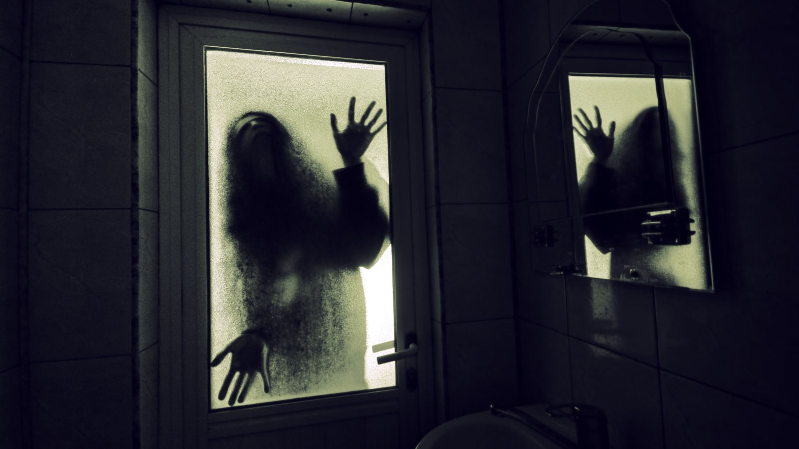 Horror woman in window wood hand hold cage scary scene halloween concept Blurred silhouette of witch