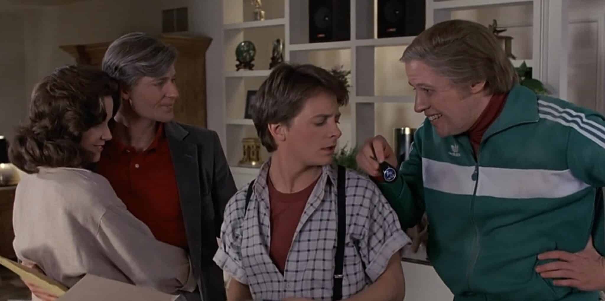 Michael J. Fox, Crispin Glover, Lea Thompson, and Tom Wilson in Back to the Future (1985)