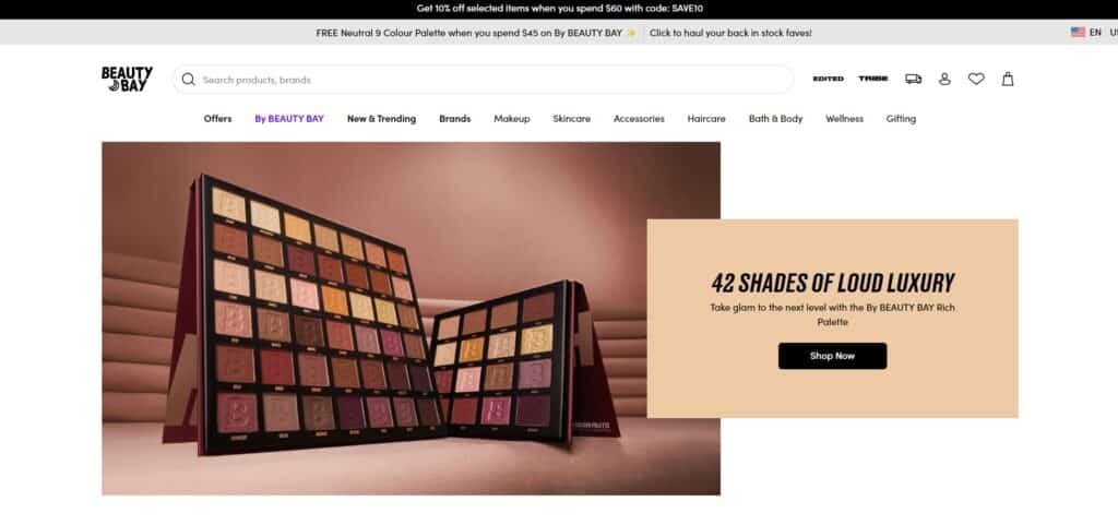beauty bay homepage featuring an eyeshadow palette