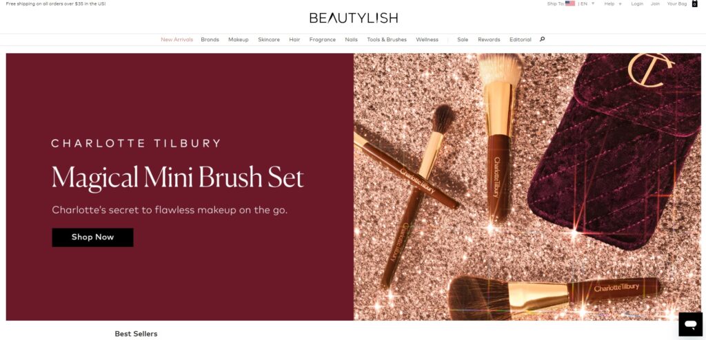 beautylish home page featuring mini makeup brushes