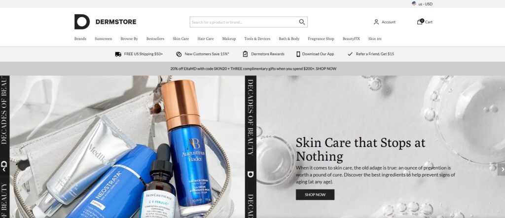 Dermstore skincare website homepage featuring skincare products