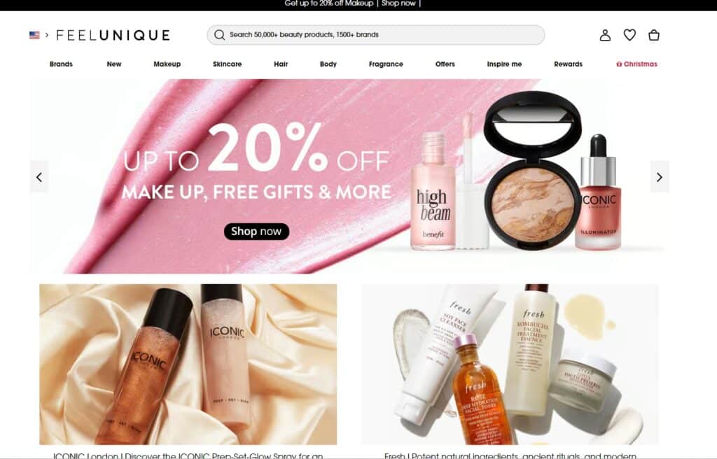 feelunique home page featuring a sale and a variety of makeup
