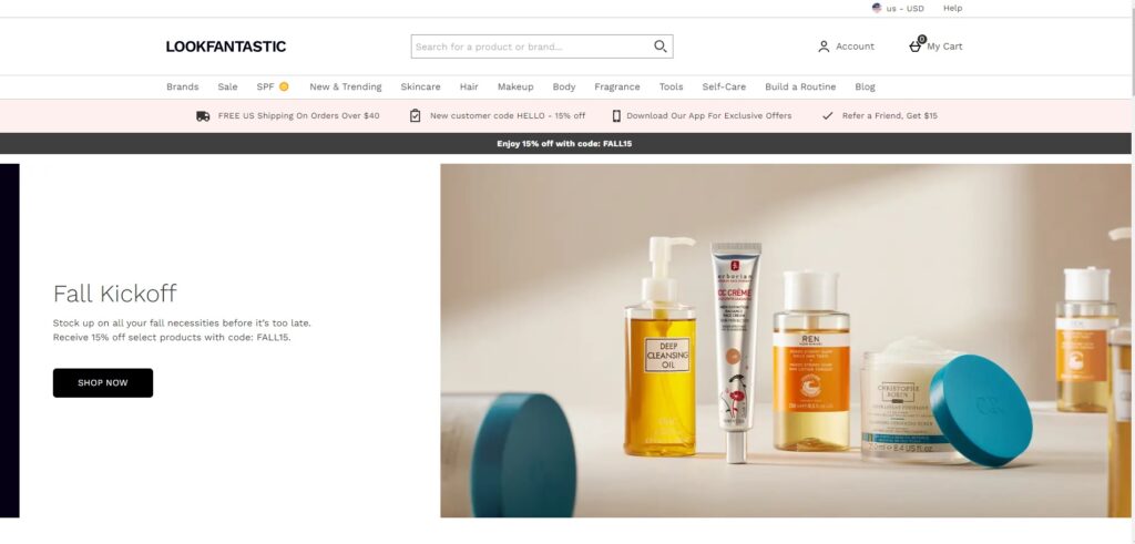 lookfantastic home page featuring a variety of cleansing oils