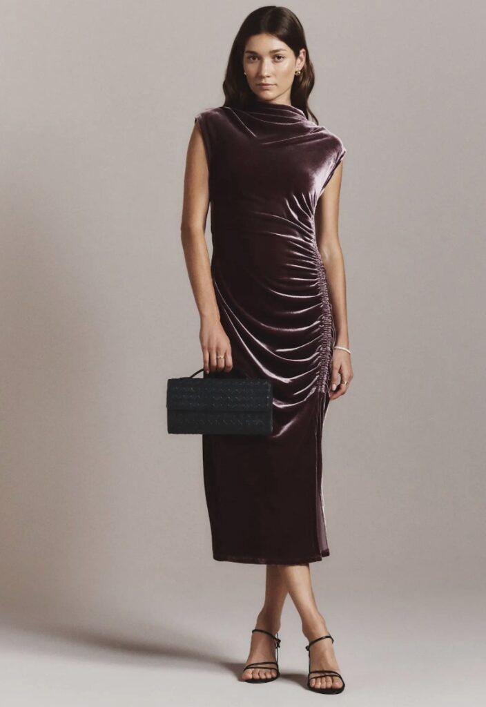 Stretch Silk Velvet Ruched Midi Dress