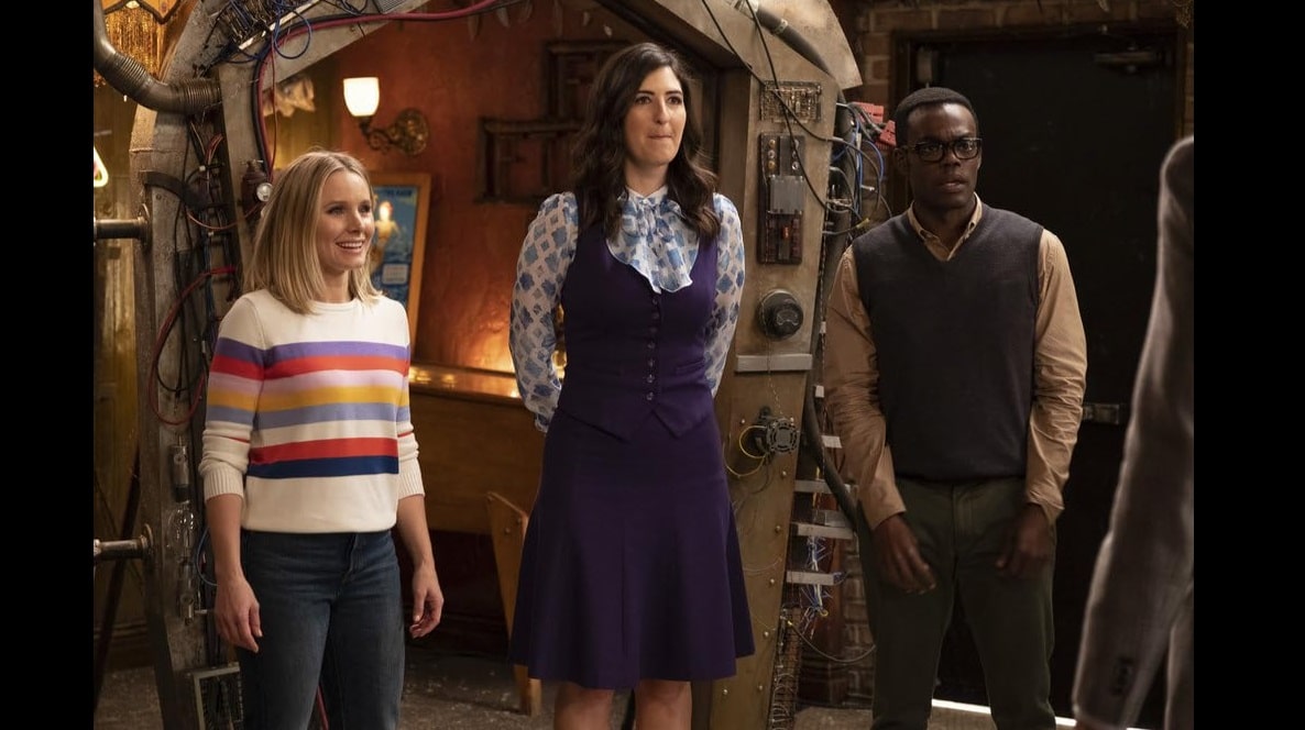 Kristen Bell, William Jackson Harper, and D'Arcy Carden in The Good Place (2016)