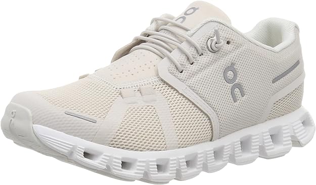 A product image of On Women's Cloud 5 Sneakers -- off-white sneakers with no-tie laces.