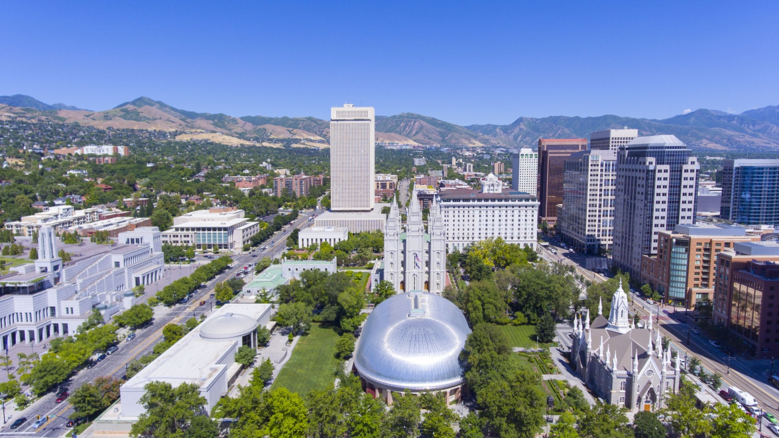 Aerial view of Temple Square, including Salt Lake Temple, LDS Church Office Building in downtown Salt Lake City, Utah, USA.