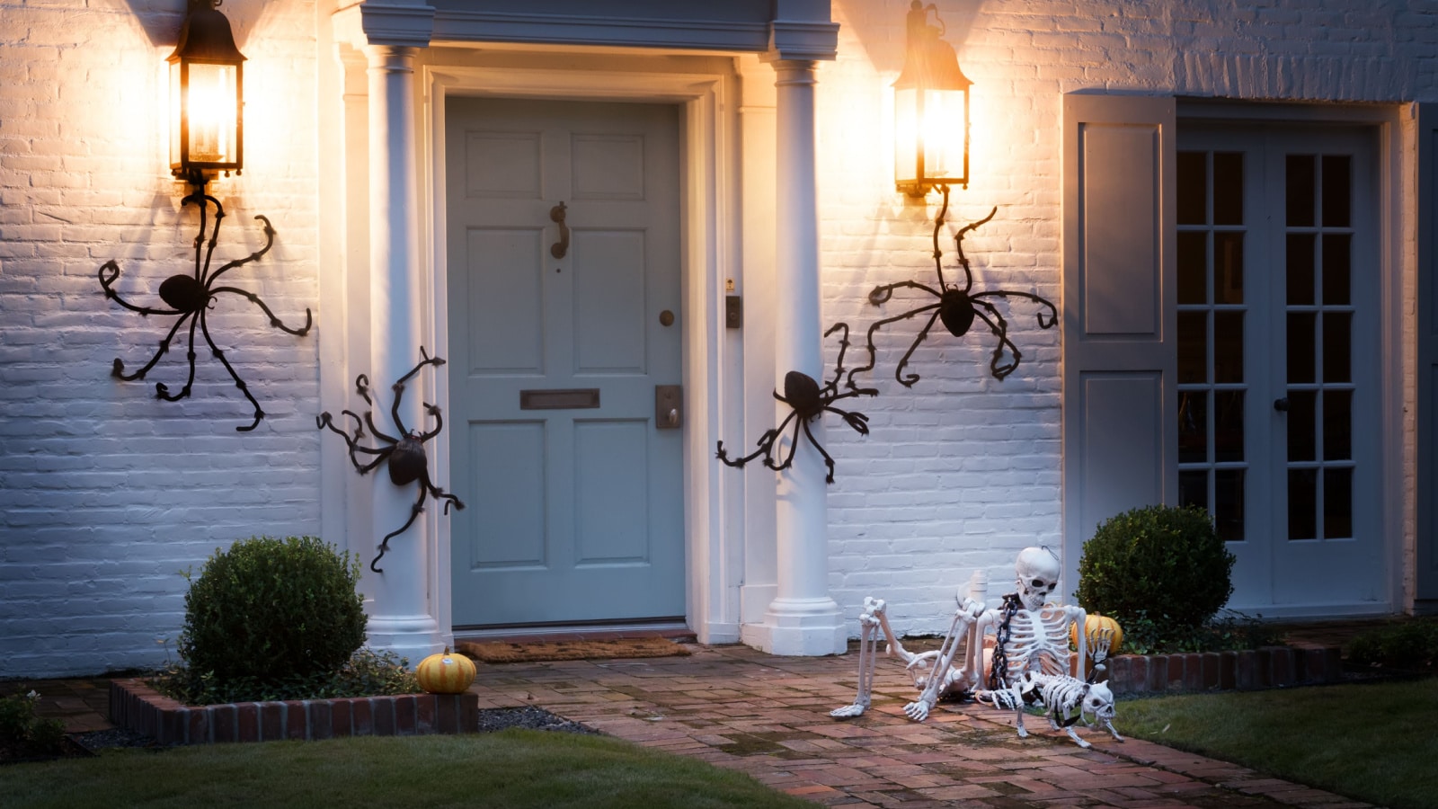 The house is decorated for Halloween: Huge black spiders crawl around the house, and on the path there is a resting human skeleton with the dog's skeleton.. Night, Houston, Texas, United States