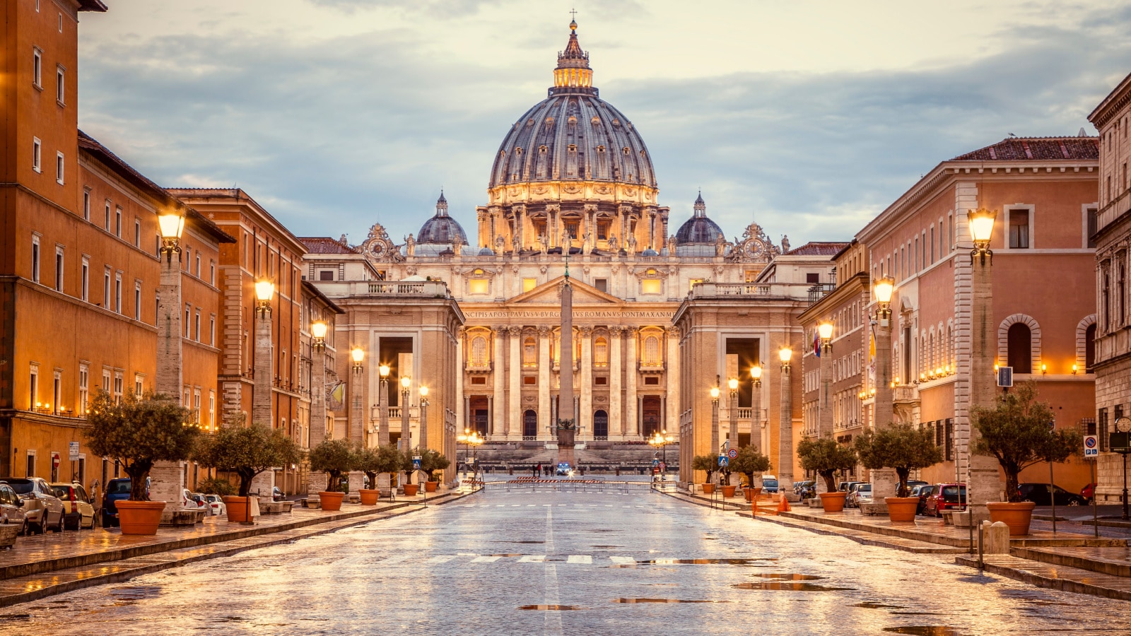 St. Peter's Basilica in the evening from Via della Conciliazione in Rome. Vatican City Rome Italy. Rome architecture and landmark. St. Peter's cathedral in Rome. Italian Renaissance church.