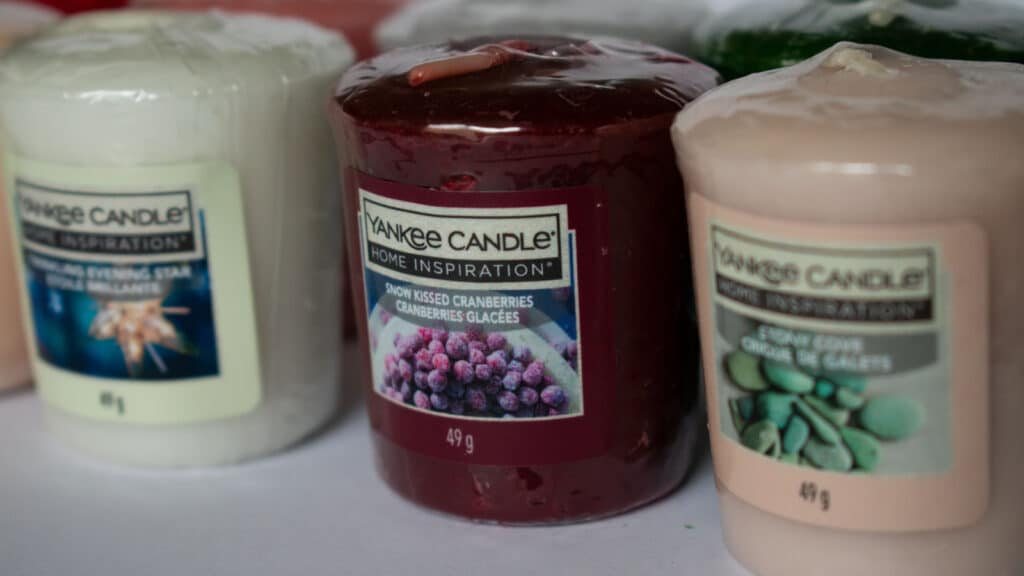 Penarth, Wales/United Kingdom - 03/08/2019: Yankee candles in different colors and scents.