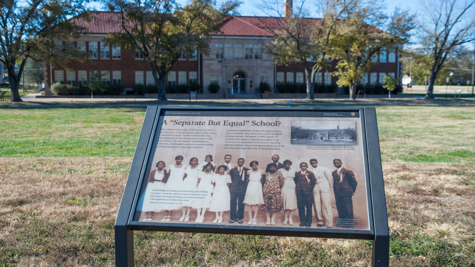 Topeka, Kansas / United States of America - November 2nd 2019 : Brown v. Board of Education National Historic Site. Exterior of building, eastern facade with main entrance.