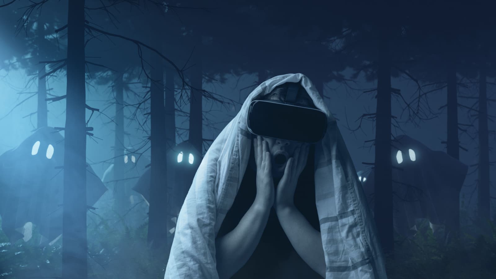 horrified young man getting experience with vr device and covered up with duvet in front of foggy forest and flying ghosts