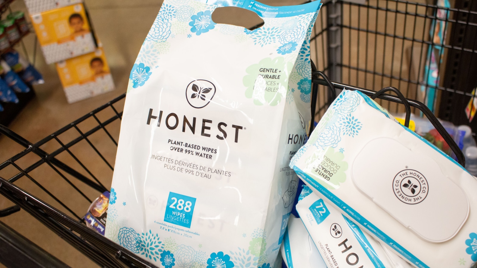 Los Angeles, California, United States - 05-21-2021: A view of Honest Company products inside a shopping cart, featuring plant-based baby wipes.
