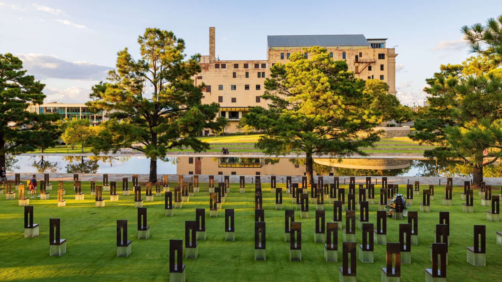 Oklahoma, OCT 2, 2021 - Sunset exterior garden of Oklahoma City National Memorial and Museum