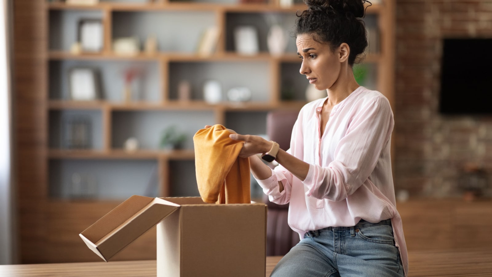 Sad dissatisfied young female in casual looks at clothes, unpacks parcel in living room home interior. Problems with online shopping, error delivery, bad quality of purchase from webstore, copy space
