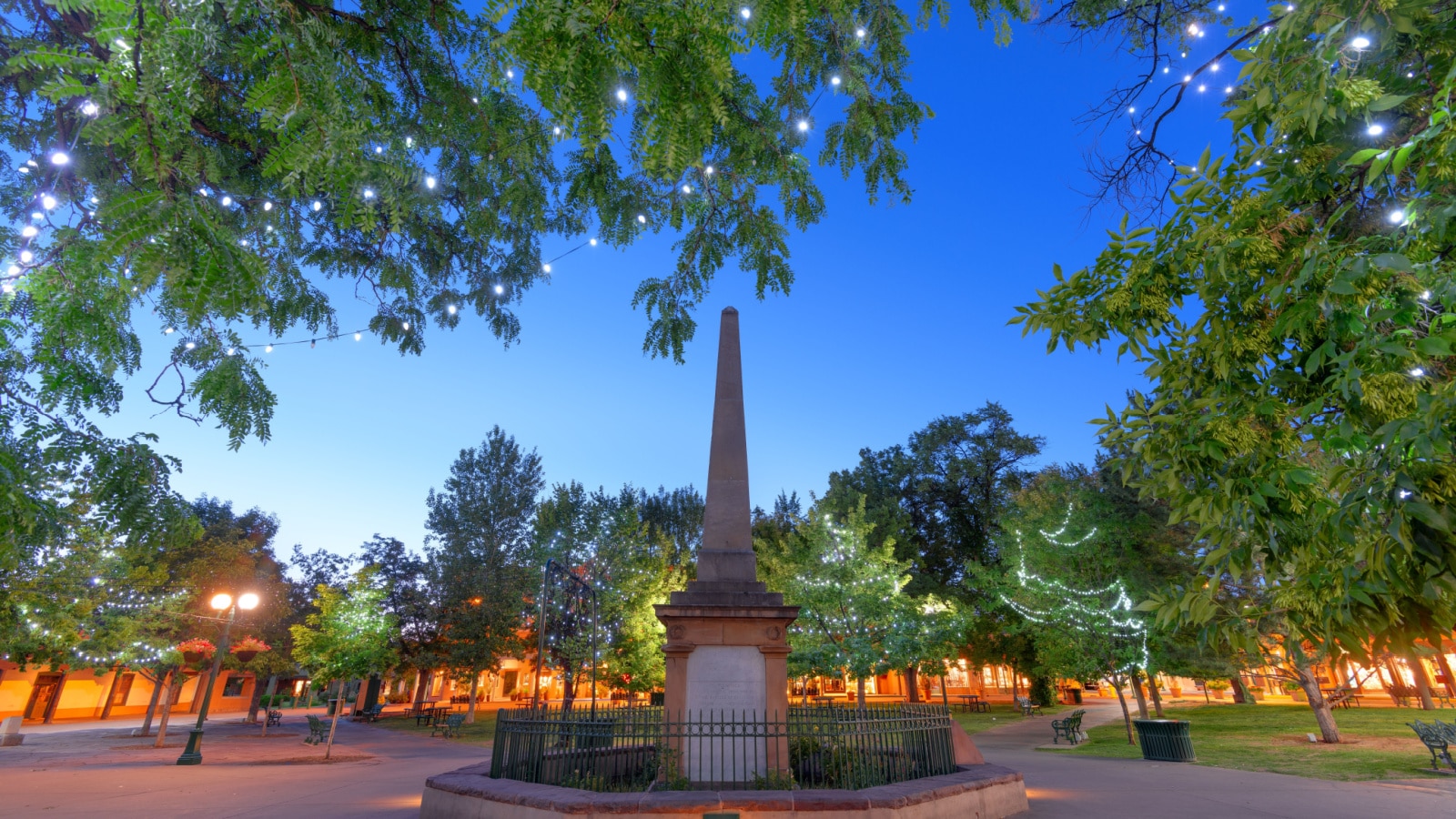Santa Fe, New Mexico, USA in Santa Fe Plaza with the Soldiers' Monument at twilight.