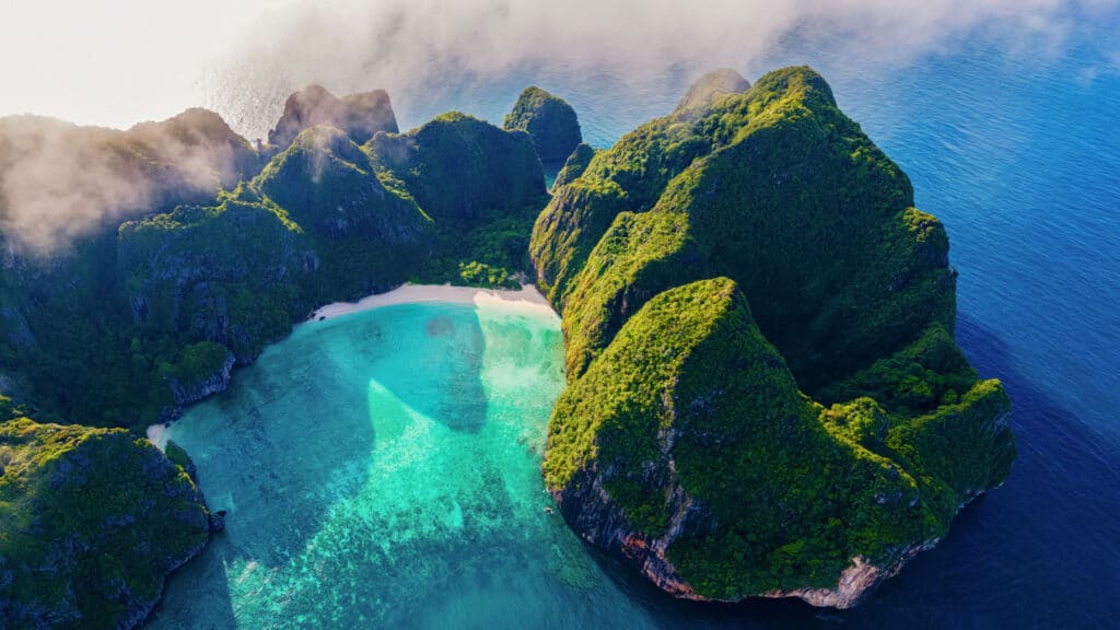 Maya Bay Koh Phi Phi Thailand, Turquoise clear water Thailand Koh Pi Pi, Scenic aerial view of Koh Phi Phi Island in Thailand drone view