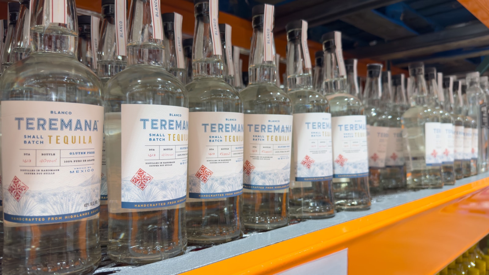 Los Angeles, California, United States - 02-01-2023: A view of several bottles of Teremana tequila blanco, on display at a local grocery store.