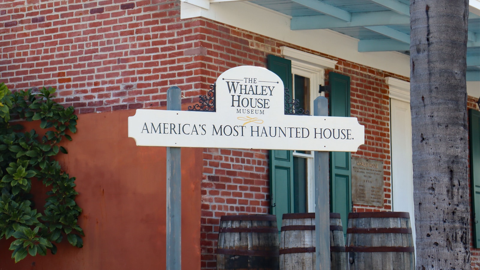 San Diego, CA USA - April 7, 2023: The famous Whaley House Museum, America's most haunted house sign at Old Town San Diego.