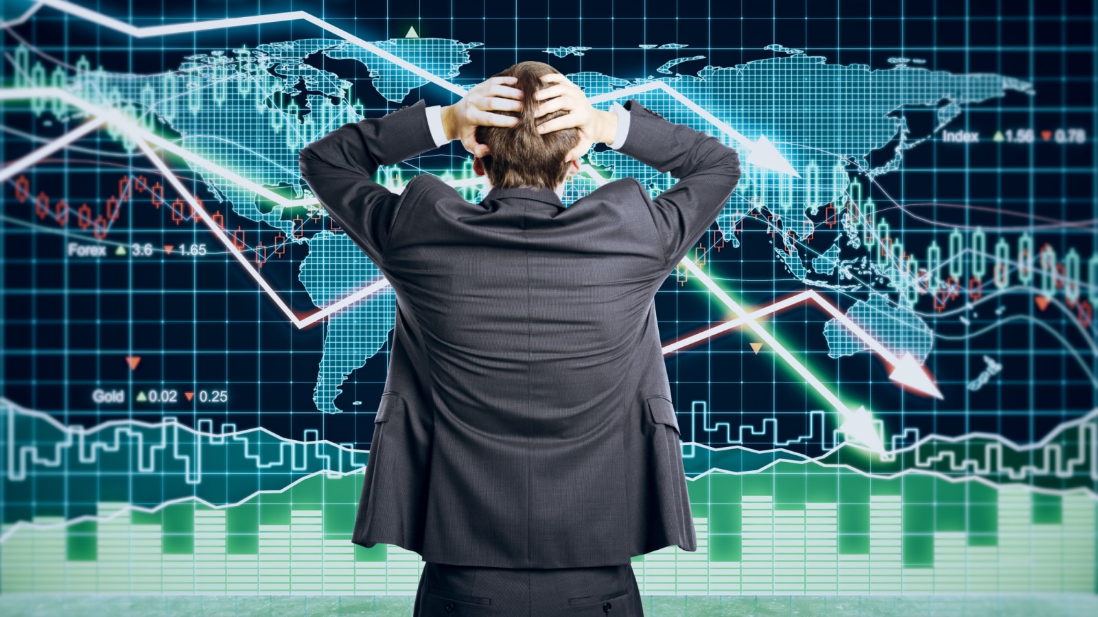 Businessman grabs the head concept with business chart on scoreboard