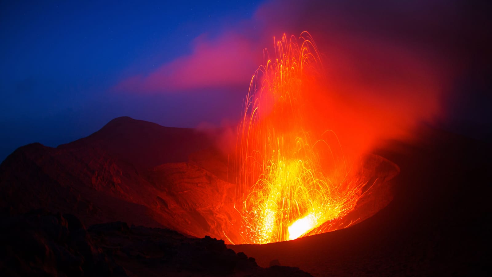 The eruption of the volcano Yasur on Tanna Island, Vanuatu