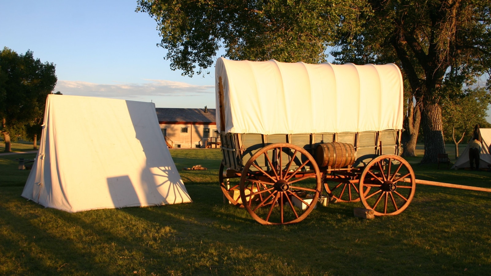 Fort Laramie National Historic Site Wyoming covered wagons set up to depict a pioneer campsite