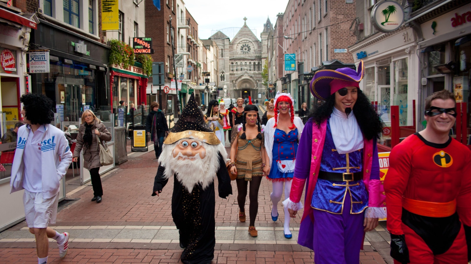 DUBLIN - OCTOBER 28: A group of partygoers dressed up on their way to a Fancy Dress Party to kick off Halloween on October 28, 2011 in Dublin
