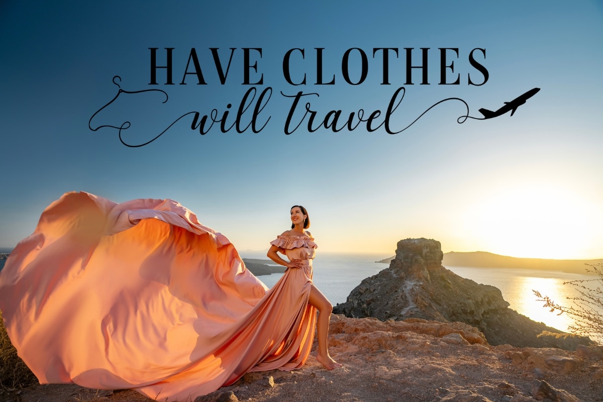 Have Clothes, Will Travel logo with Lindsey wearing a long pink dress blowing in the wind with a rocky cliff and the ocean behind her