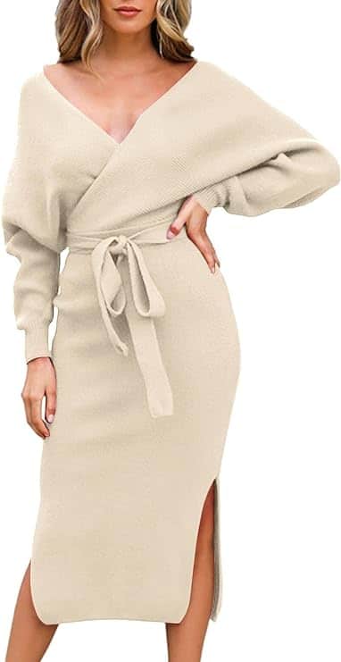 VamJump Women's V Neck Sweater Dress Casual Batwing Sleeve Wrap Front Backless Tie Waist Bodycon Dress