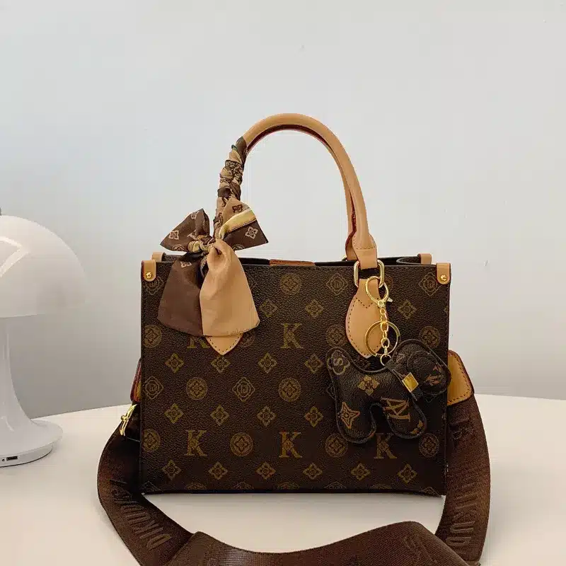 Brown Monogram Tote Bag Scarf Decoration & Bear Charm Retro Casual Large-Capacity Commuter Bag