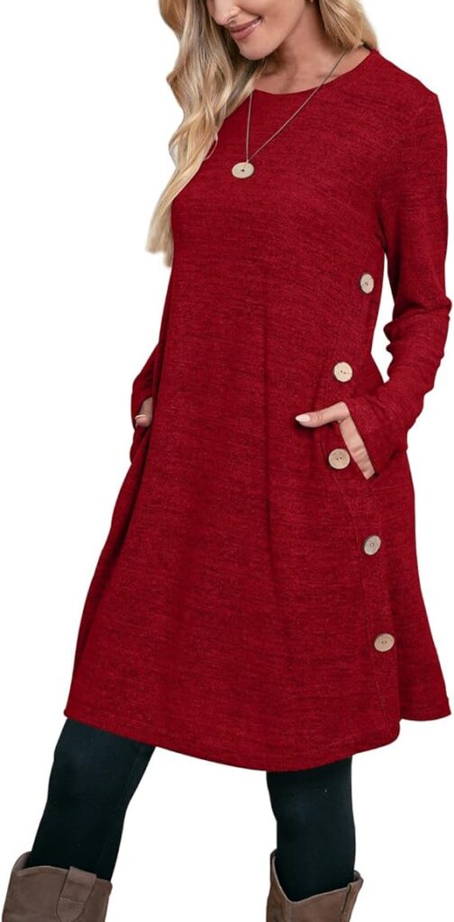 OFEEFAN Women's Winter Dresses Long Sleeve Dress with Pockets Buttons Side