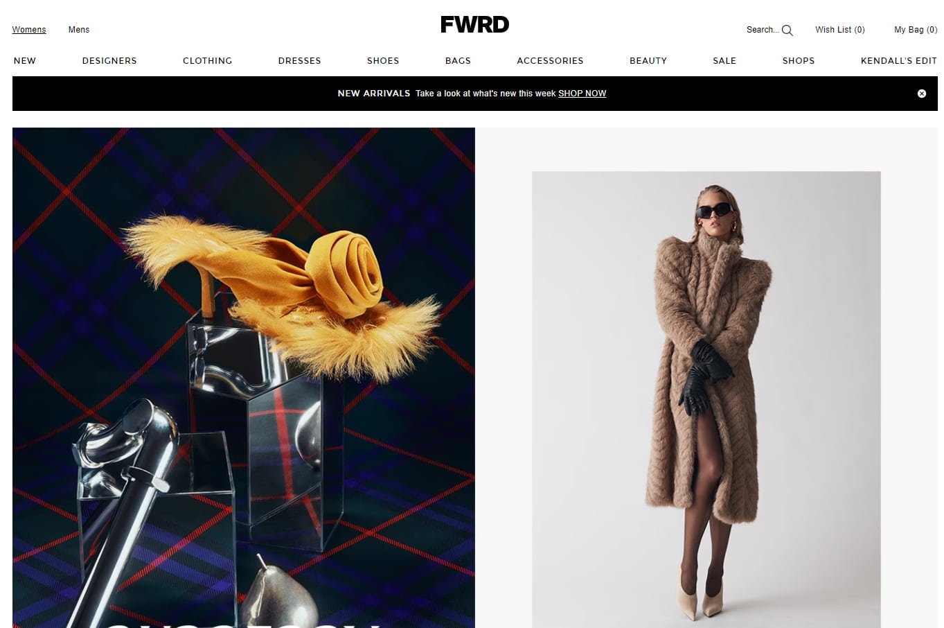 FWRD website homepage featuring Burberry perfume and a woman wearing a long fur coat in tan