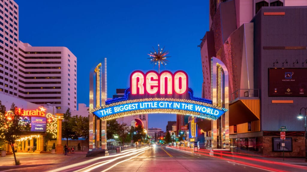 Reno, NV, USA - September 11, 2019: Reno Arch Sign in Reno, Nevada, USA. Reno is the second largest city in Nevada and famous for its casinos and entertainment.