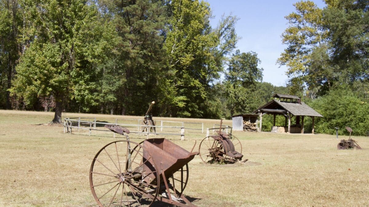Vintage farm tools in French Camp along Natchez Trace Parkway in Mississippi, USA.