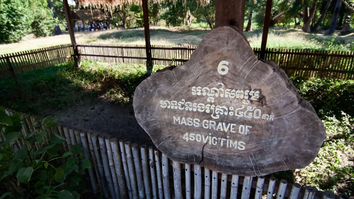 A sign marking a mass grave in the killing fields outside Pnohm Penh, Cambodia.