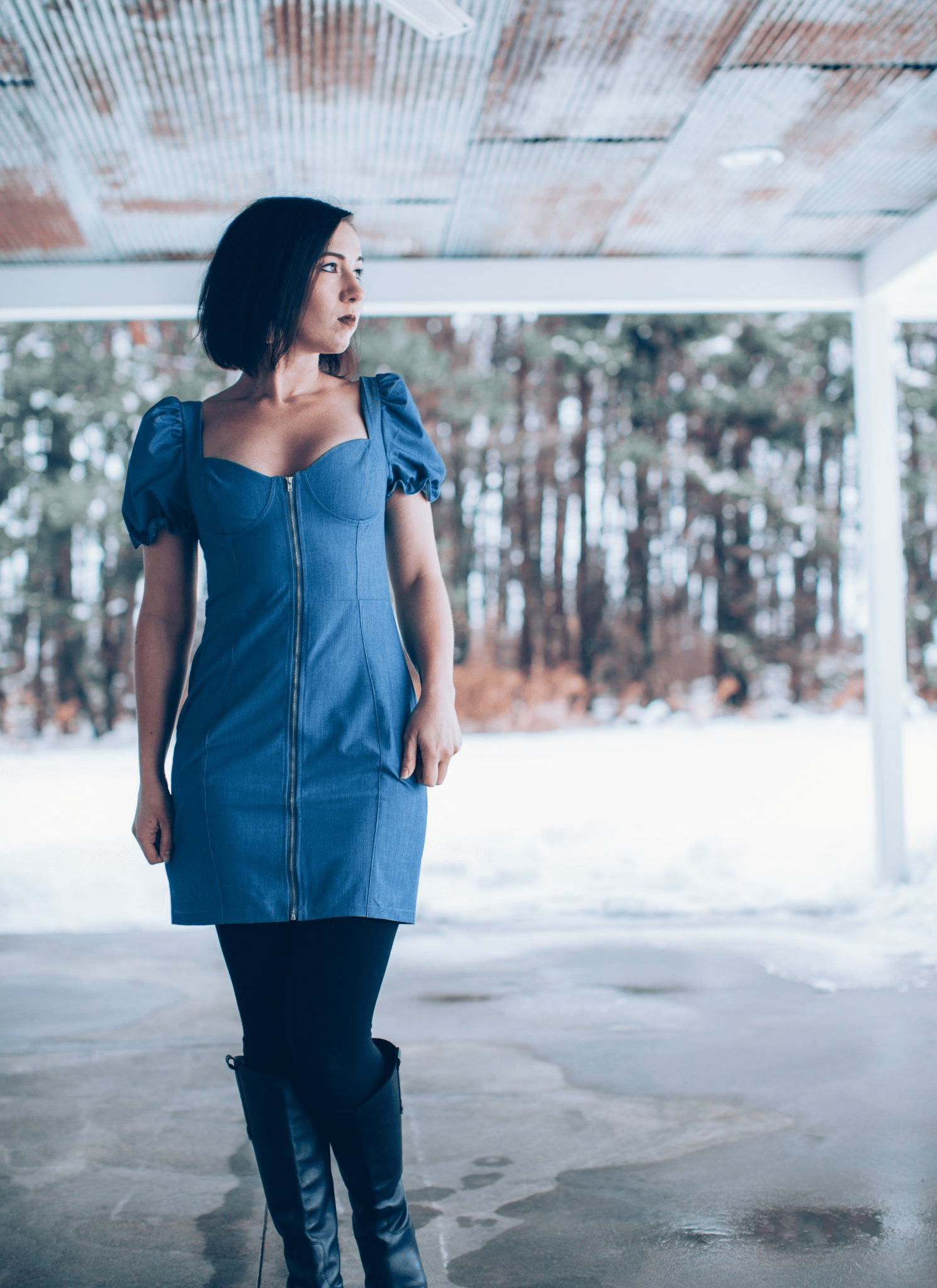 blue jean dress with leggings Trying Trends – Styling a Denim Skirt & Dress With Leggings + Boots for  Winter