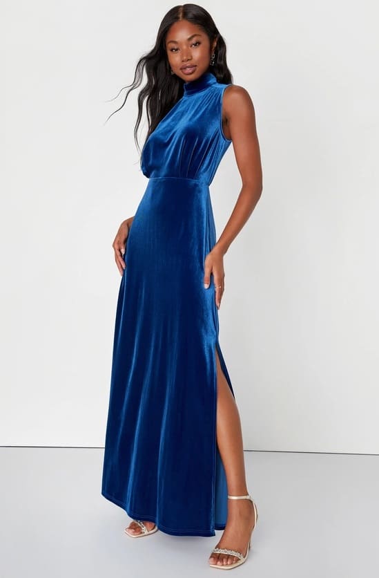 Classic Elegance Blue Velvet Sleeveless Mock Neck Maxi Dress